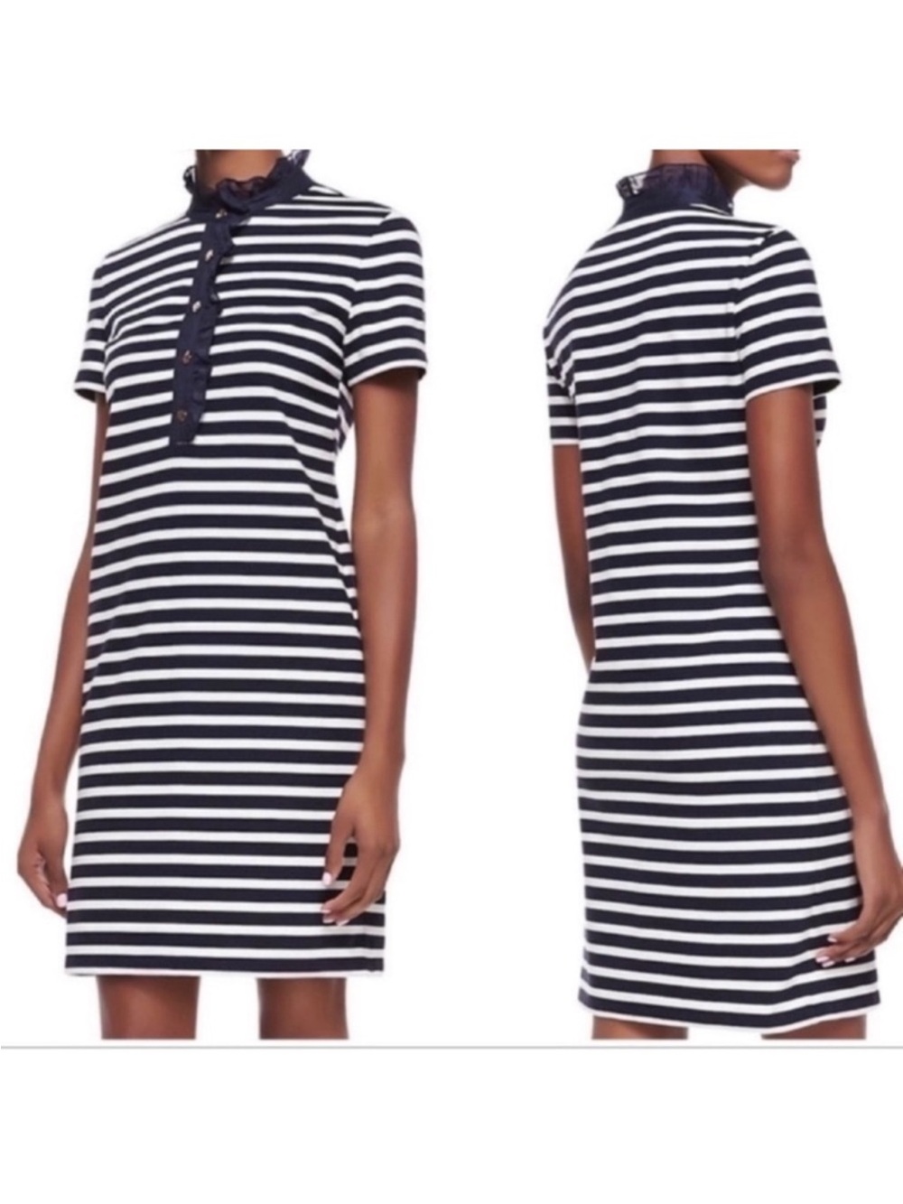 Tory Burch Lidia Striped Polo Shirt Dress Sz XS Navy Blue cream Gold Logo Button